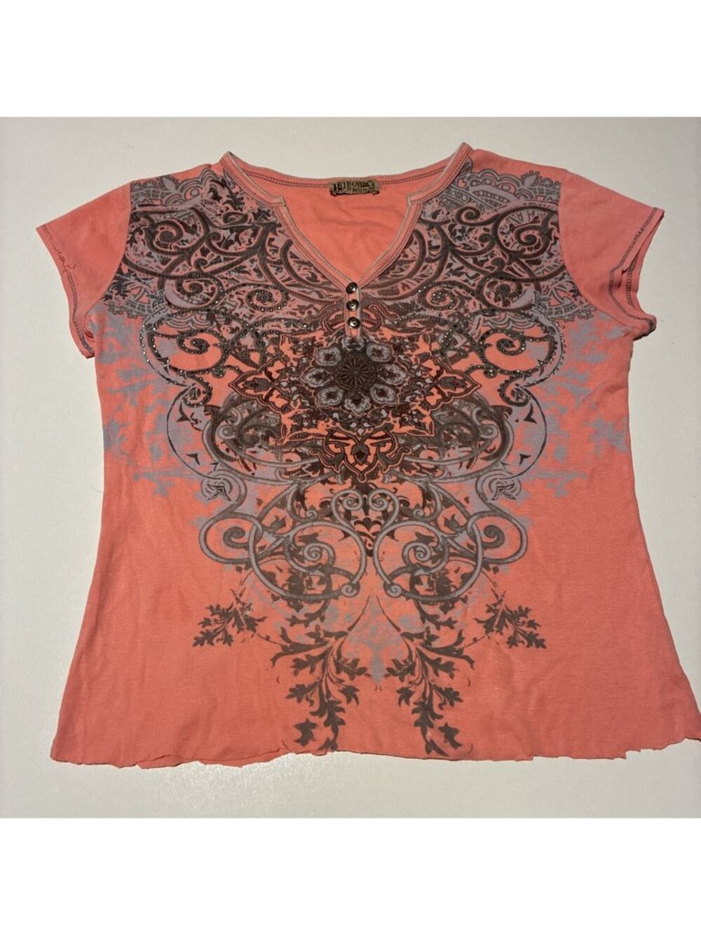 Blue Canyon Vintage Y2K Bling Studded Rhinestone Graphic Top Coral Petite S M